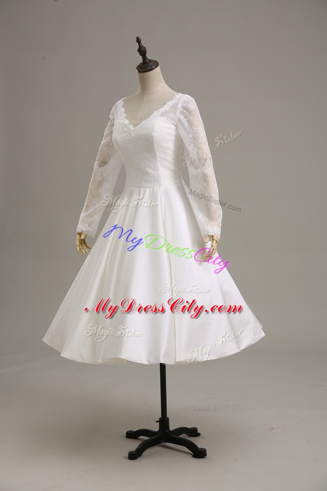 Hot Sale White V-neck Neckline Lace and Sashes ribbons Wedding Gowns Long Sleeves Clasp Handle