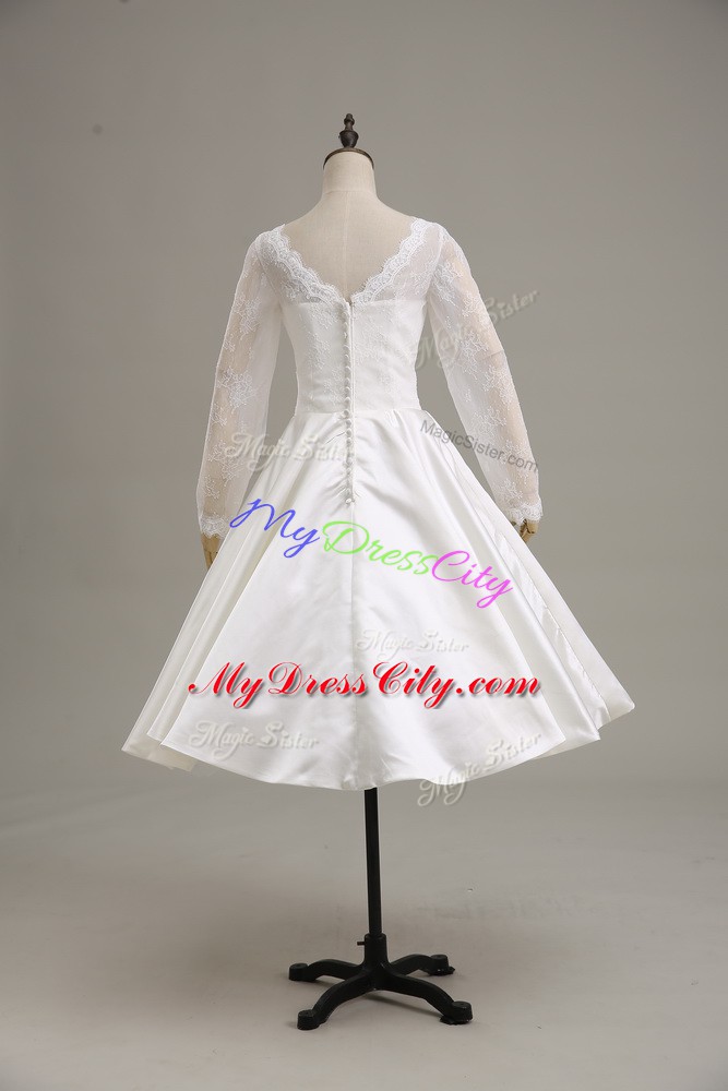 Hot Sale White V-neck Neckline Lace and Sashes ribbons Wedding Gowns Long Sleeves Clasp Handle