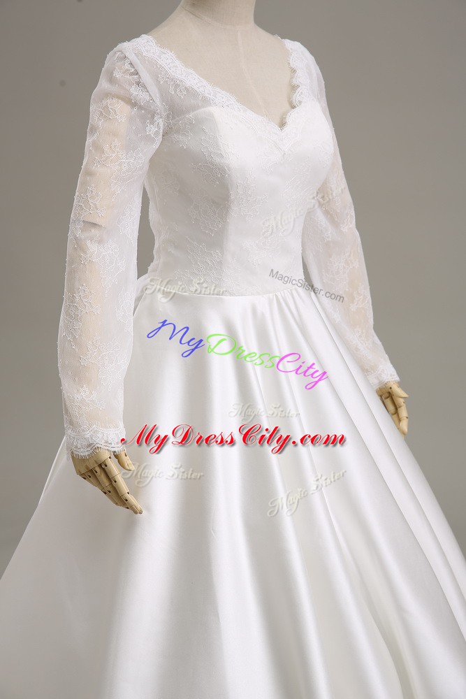 Hot Sale White V-neck Neckline Lace and Sashes ribbons Wedding Gowns Long Sleeves Clasp Handle
