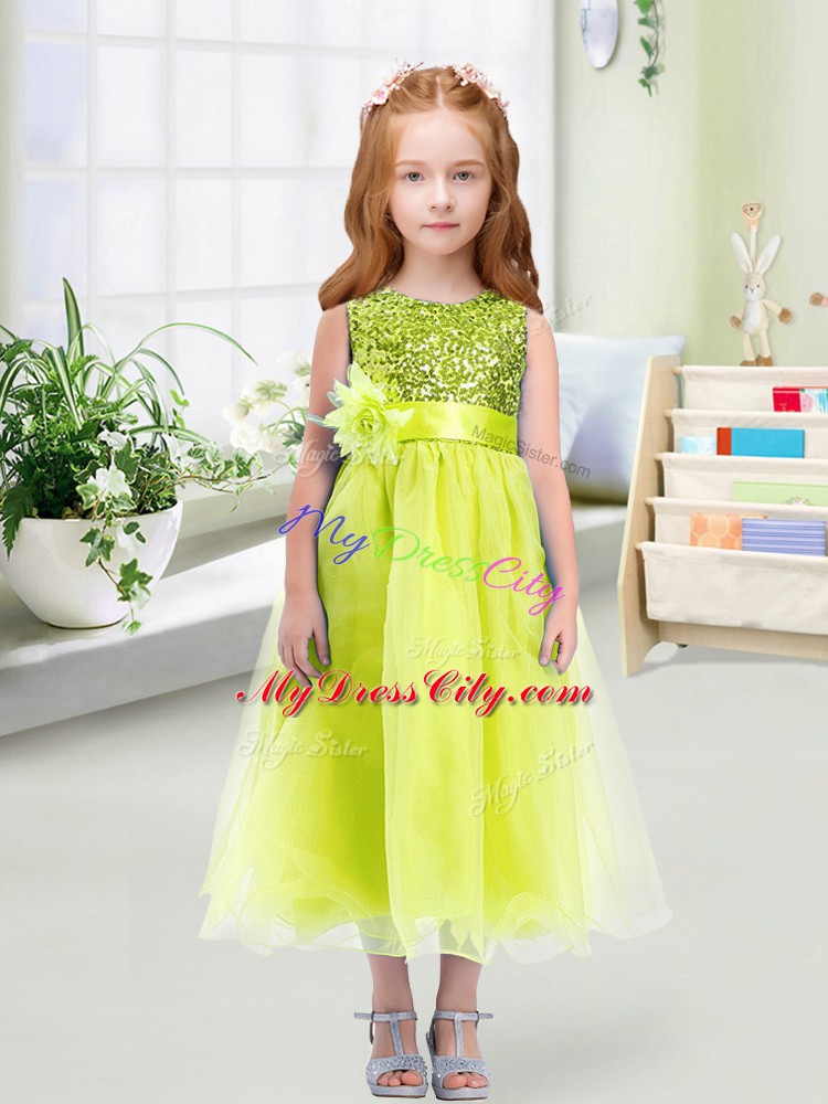 Empire Toddler Flower Girl Dress Yellow Green Scoop Organza Sleeveless Tea Length Zipper