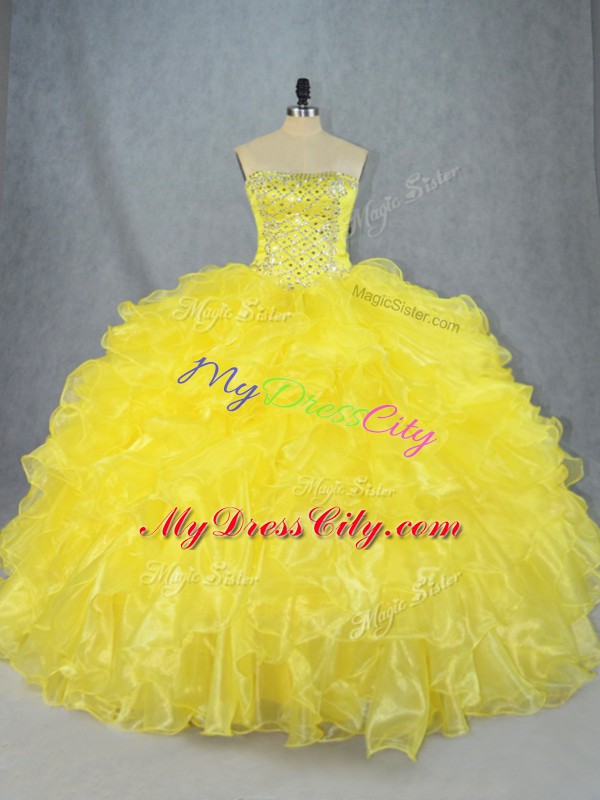 Asymmetrical Ball Gowns Sleeveless Yellow Vestidos de Quinceanera Lace Up