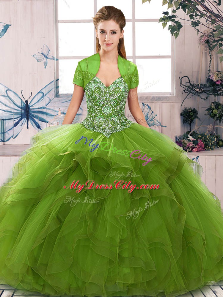 Olive Green Off The Shoulder Neckline Beading and Ruffles 15th Birthday Dress Sleeveless Lace Up