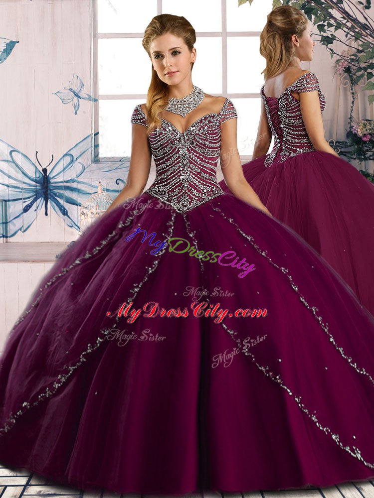 Custom Made Purple Ball Gowns Beading 15 Quinceanera Dress Lace Up Tulle Cap Sleeves