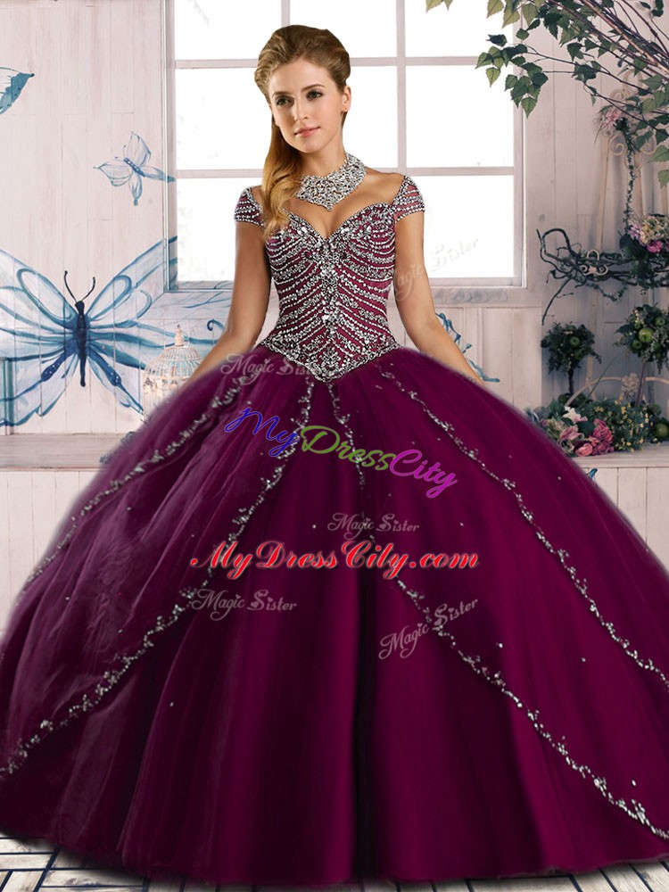 Custom Made Purple Ball Gowns Beading 15 Quinceanera Dress Lace Up Tulle Cap Sleeves