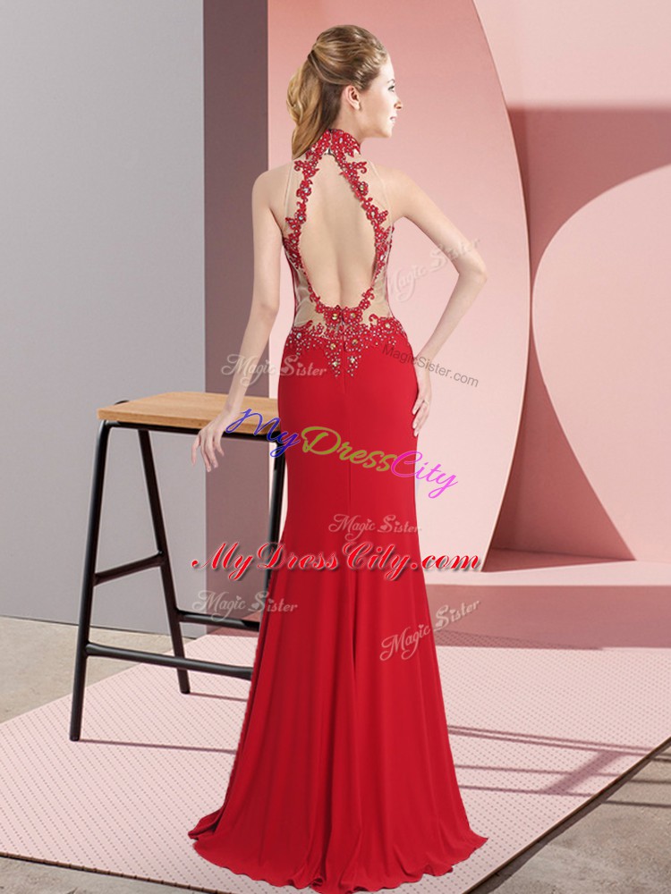 Comfortable Fuchsia Halter Top Neckline Lace and Appliques Homecoming Dress Sleeveless Backless