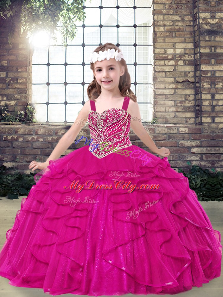 Fuchsia Ball Gowns Straps Sleeveless Tulle Floor Length Lace Up Beading Little Girl Pageant Dress