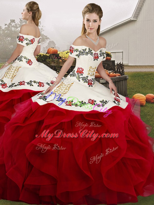 White And Red Off The Shoulder Lace Up Embroidery and Ruffles Sweet 16 Quinceanera Dress Sleeveless
