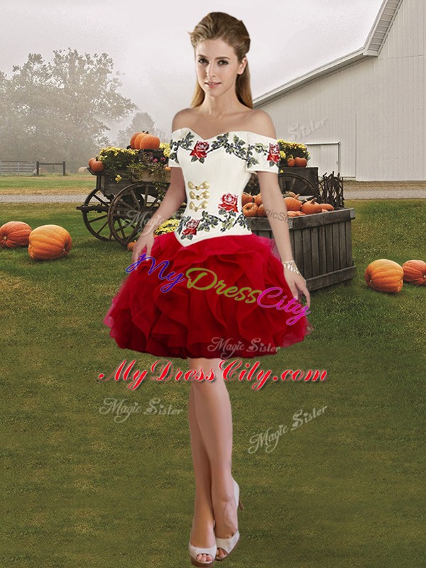 White And Red Off The Shoulder Lace Up Embroidery and Ruffles Sweet 16 Quinceanera Dress Sleeveless