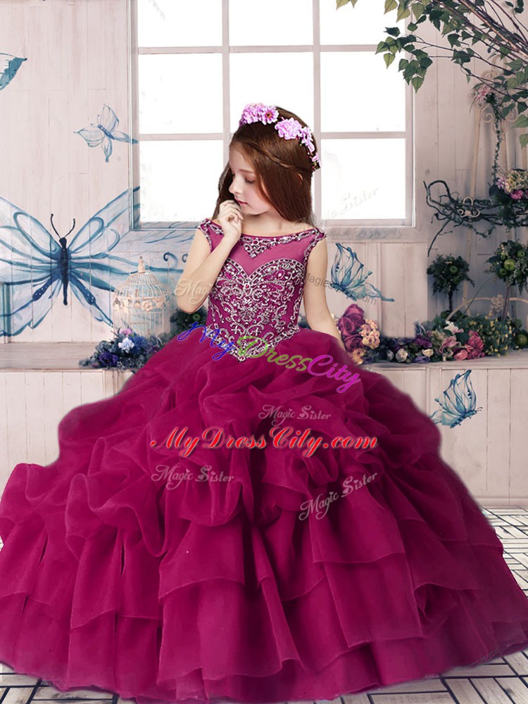 Amazing Fuchsia Organza Lace Up Evening Gowns Sleeveless Floor Length Beading and Pick Ups