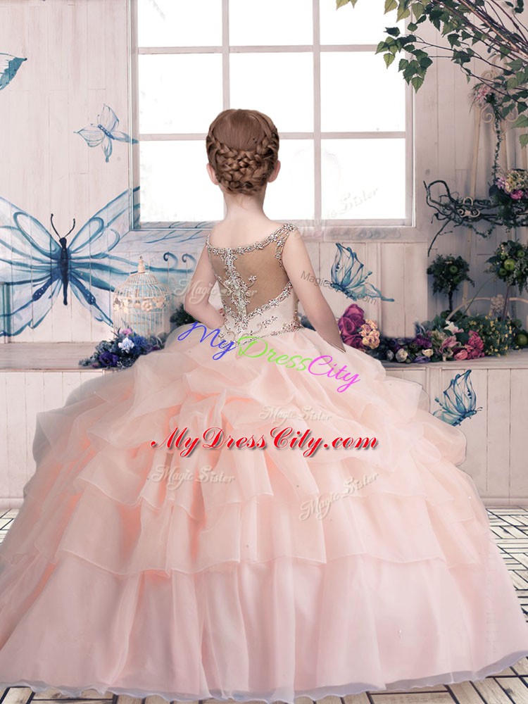 Amazing Fuchsia Organza Lace Up Evening Gowns Sleeveless Floor Length Beading and Pick Ups