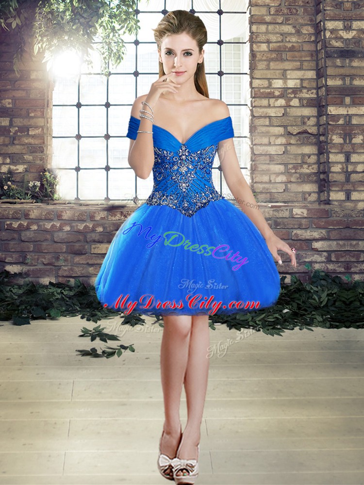 Tulle Off The Shoulder Sleeveless Lace Up Beading Prom Dresses in Blue