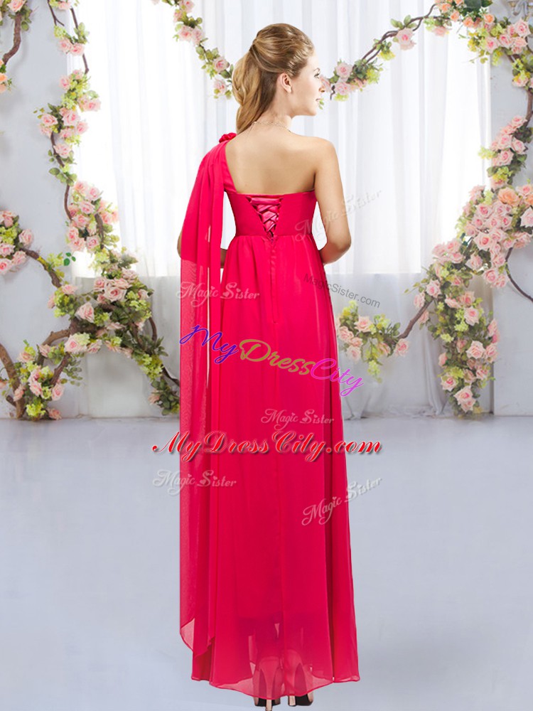 Suitable Hot Pink Chiffon Lace Up Damas Dress Sleeveless Floor Length Beading and Hand Made Flower