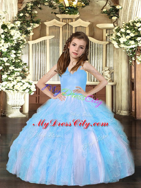Aqua Blue Ball Gowns Straps Sleeveless Tulle Floor Length Lace Up Ruffles Pageant Dress for Girls