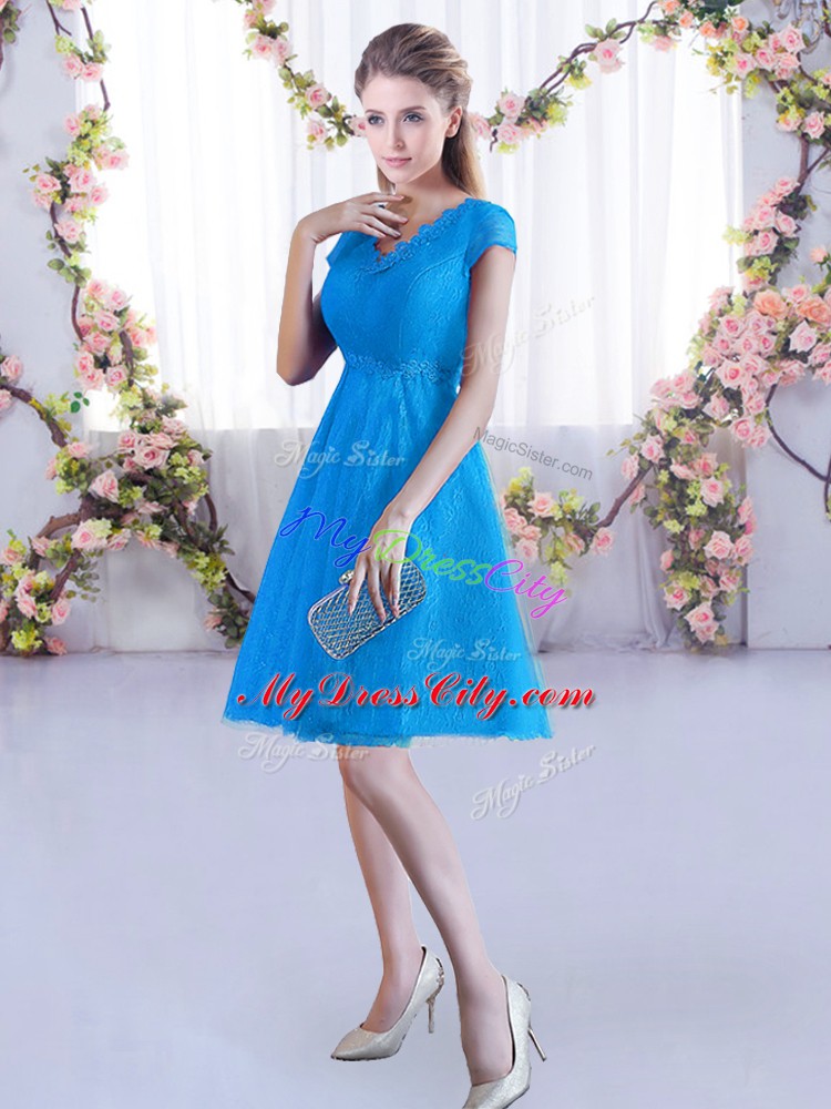 Beauteous Baby Blue A-line Lace Dama Dress for Quinceanera Lace Up Lace Cap Sleeves Mini Length