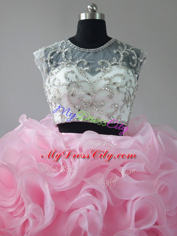 Affordable Baby Pink Zipper Scoop Beading and Ruffles Quinceanera Dress Fabric With Rolling Flowers Sleeveless Brush Train