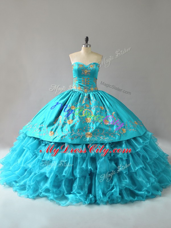 Custom Designed Aqua Blue Organza Lace Up 15 Quinceanera Dress Sleeveless Floor Length Embroidery and Ruffles
