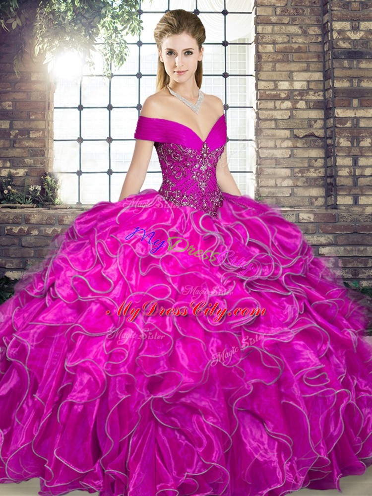 Organza Off The Shoulder Sleeveless Lace Up Beading and Ruffles Quince Ball Gowns in Fuchsia