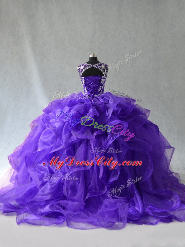 Scoop Sleeveless Quince Ball Gowns Floor Length Beading and Ruffles Purple Organza