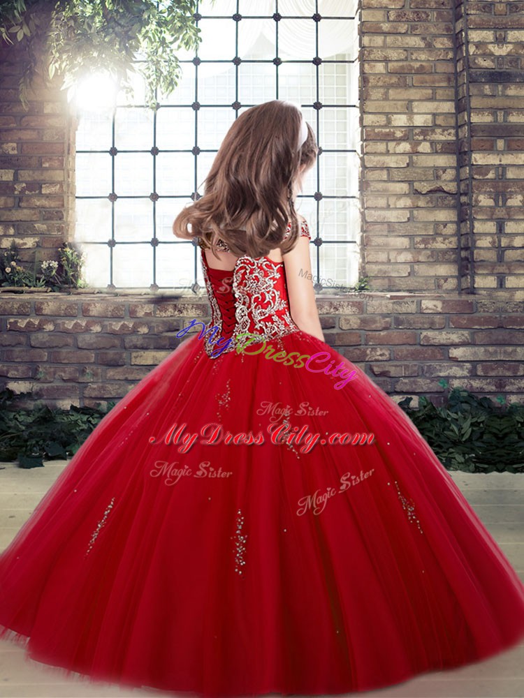 Amazing Sleeveless Lace Up Floor Length Beading and Appliques Custom Made Pageant Dress
