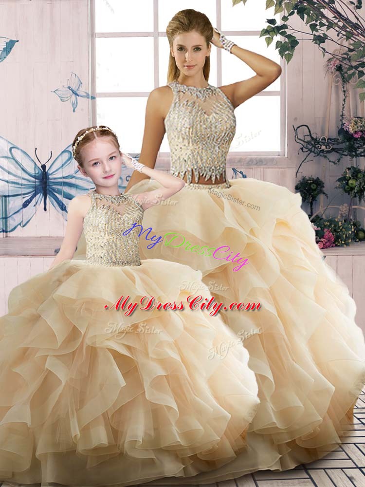 Free and Easy Sleeveless Floor Length Beading and Ruffles Zipper Quinceanera Dresses with Champagne
