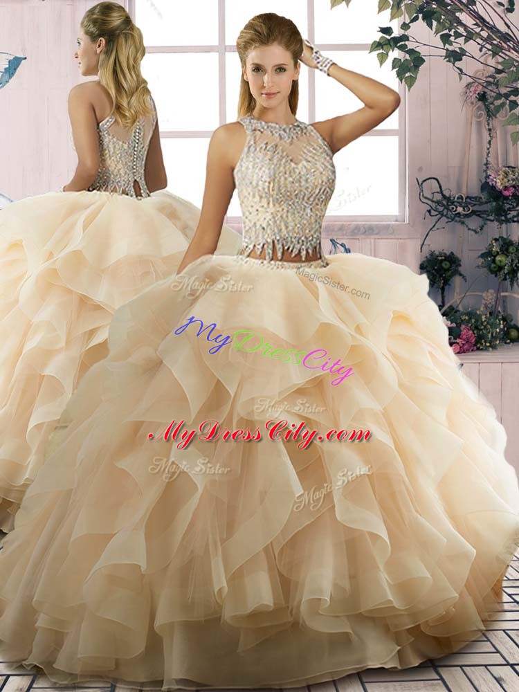 Free and Easy Sleeveless Floor Length Beading and Ruffles Zipper Quinceanera Dresses with Champagne