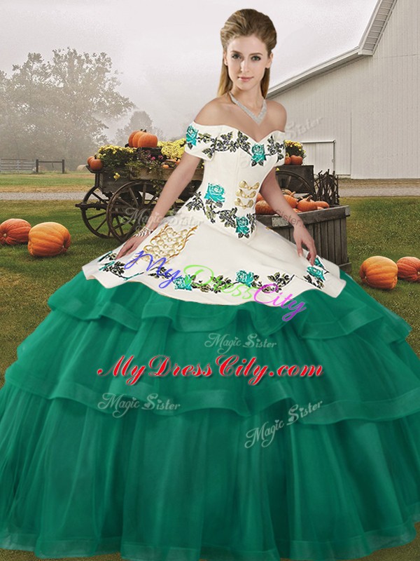 Amazing Off The Shoulder Sleeveless Sweet 16 Dress Brush Train Embroidery and Ruffled Layers Turquoise Tulle