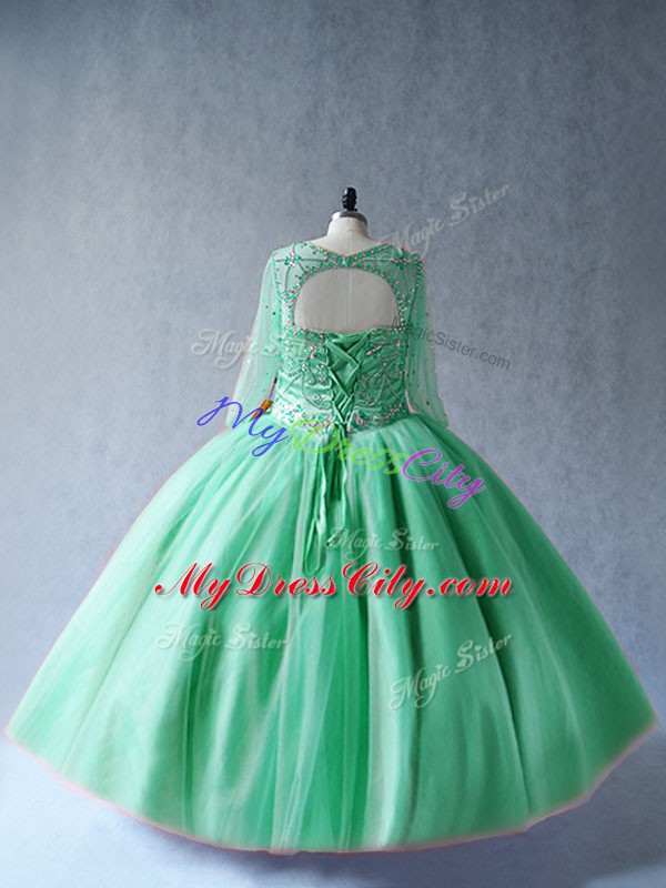 Apple Green Tulle Lace Up Scoop Long Sleeves Floor Length Quince Ball Gowns Beading