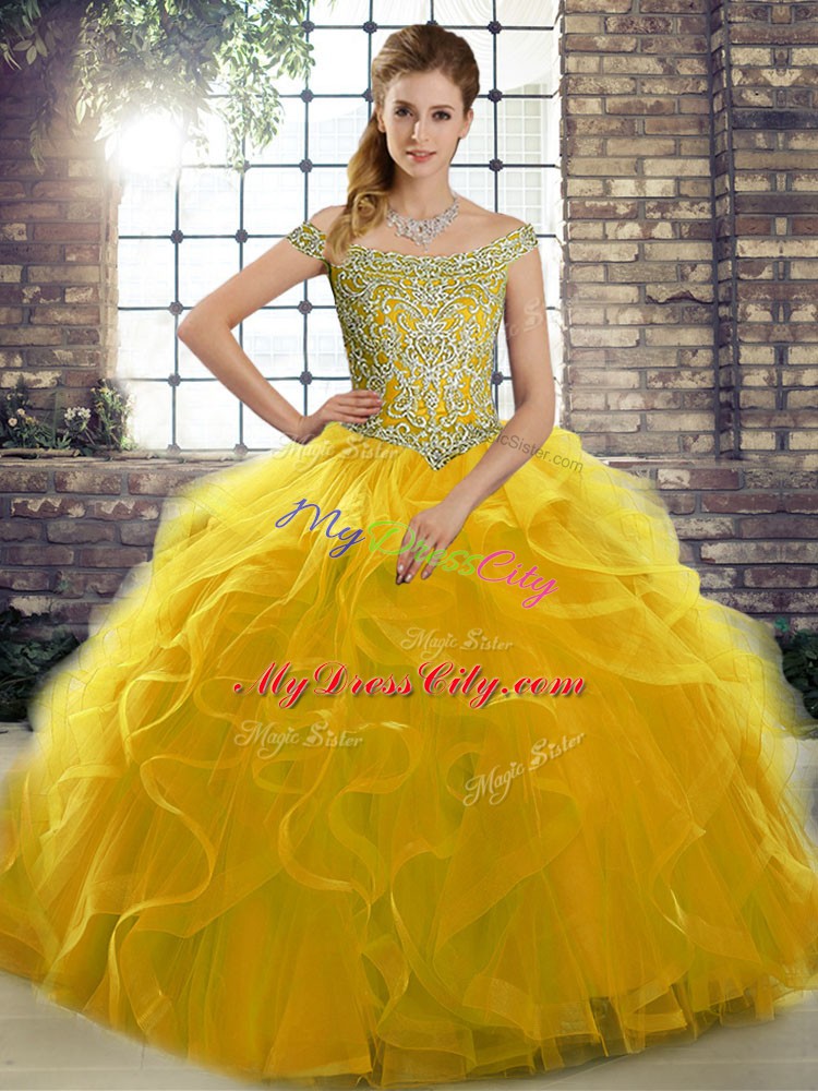 Wonderful Sleeveless Beading and Ruffles Lace Up 15th Birthday Dress with Gold Brush Train