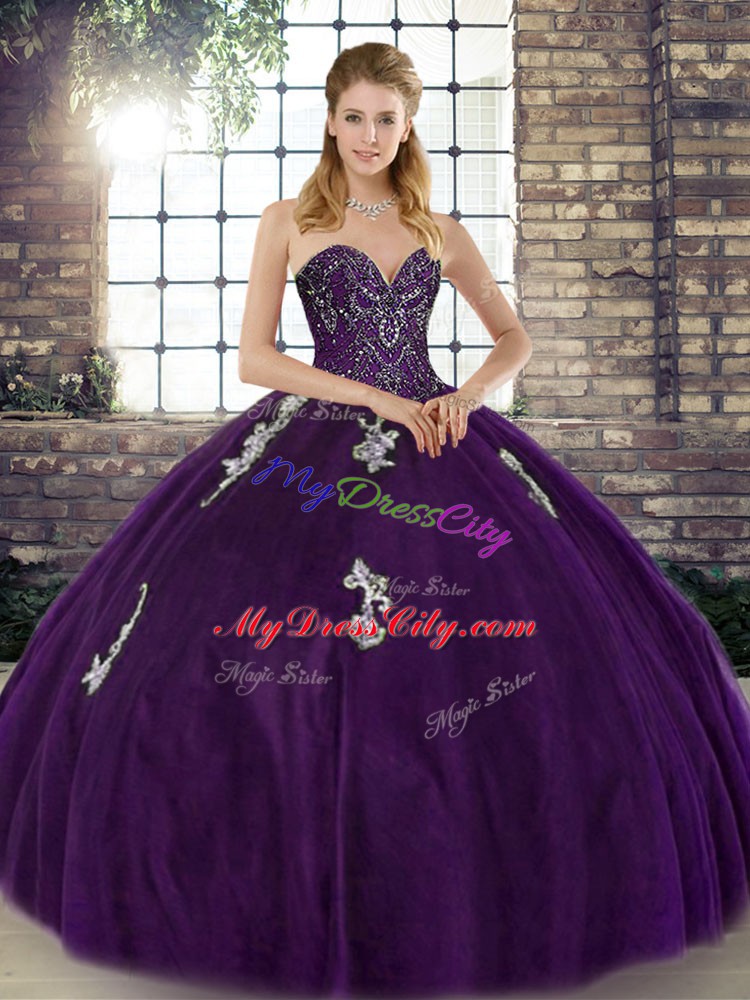 Artistic Purple Tulle Lace Up Sweetheart Sleeveless Floor Length 15 Quinceanera Dress Beading and Appliques