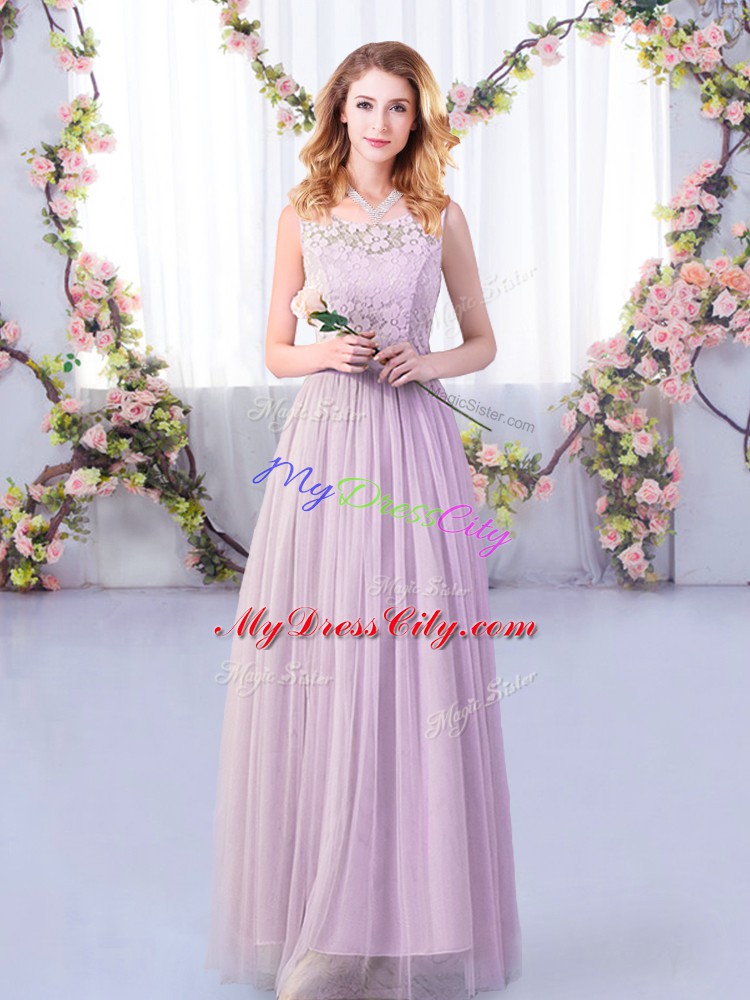 Shining Lavender Empire Lace and Belt Wedding Guest Dresses Side Zipper Tulle Sleeveless Floor Length