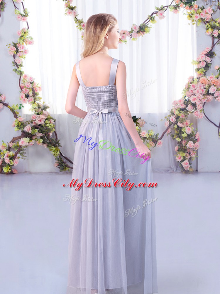 Shining Lavender Empire Lace and Belt Wedding Guest Dresses Side Zipper Tulle Sleeveless Floor Length