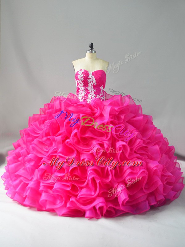 Hot Pink Sweetheart Lace Up Appliques and Ruffles Quince Ball Gowns Sleeveless