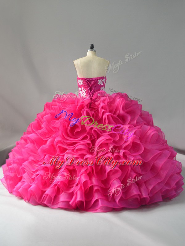 Hot Pink Sweetheart Lace Up Appliques and Ruffles Quince Ball Gowns Sleeveless