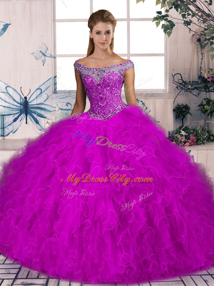Best Ball Gowns Sleeveless Fuchsia Quinceanera Gown Brush Train Lace Up