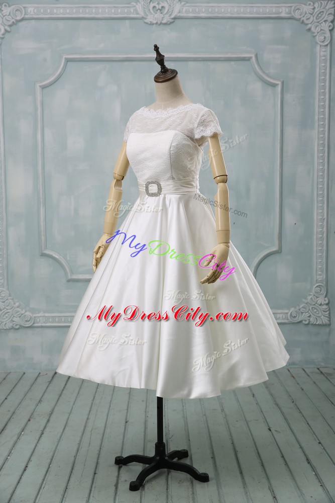 Chic Tea Length Clasp Handle Wedding Dresses White for Wedding Party with Lace and Sashes ribbons
