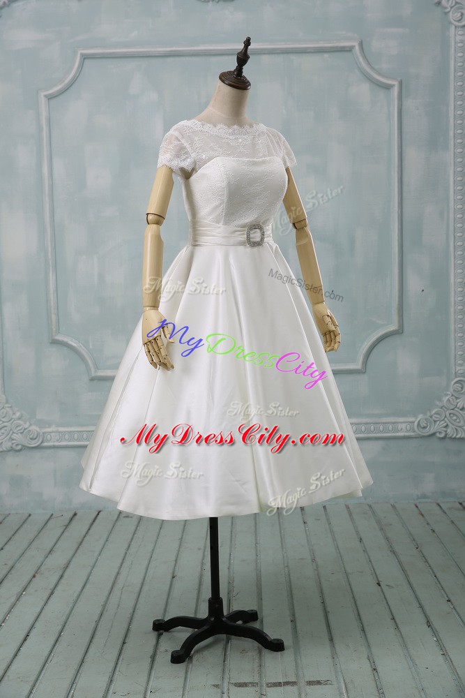 Chic Tea Length Clasp Handle Wedding Dresses White for Wedding Party with Lace and Sashes ribbons