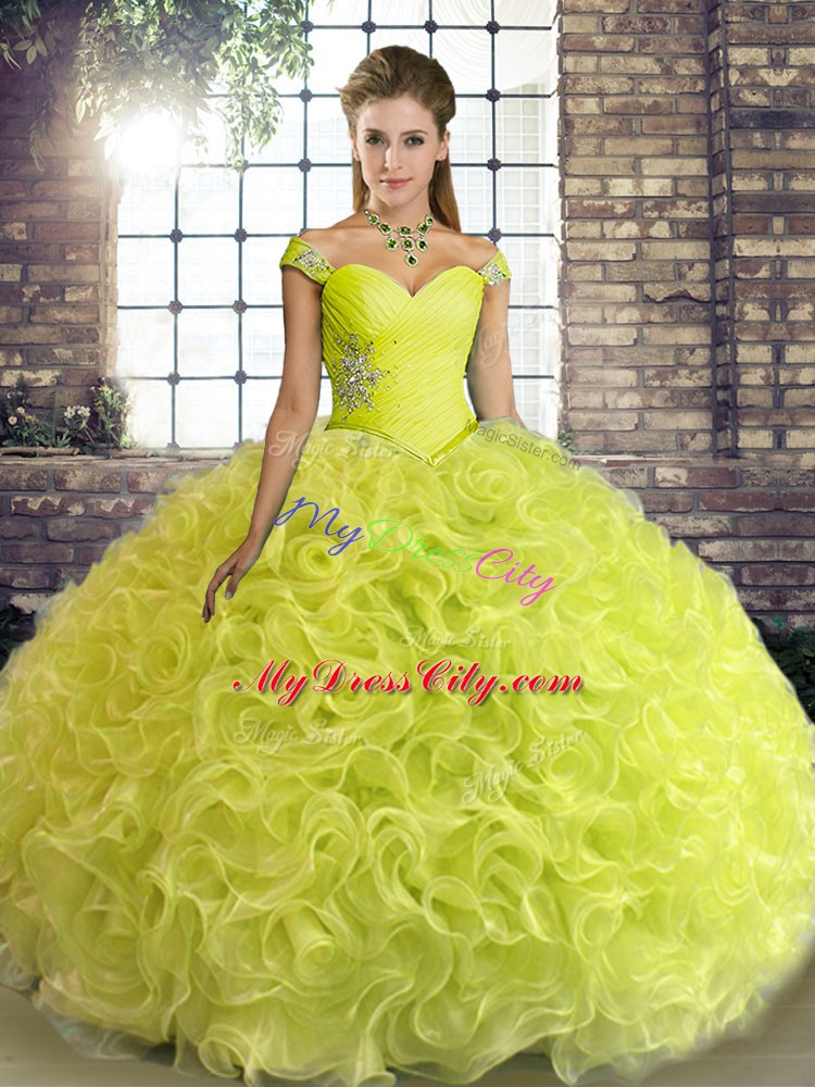 On Sale Yellow Green Sleeveless Fabric With Rolling Flowers Lace Up Quinceanera Dresses for Military Ball and Sweet 16 and Quinceanera