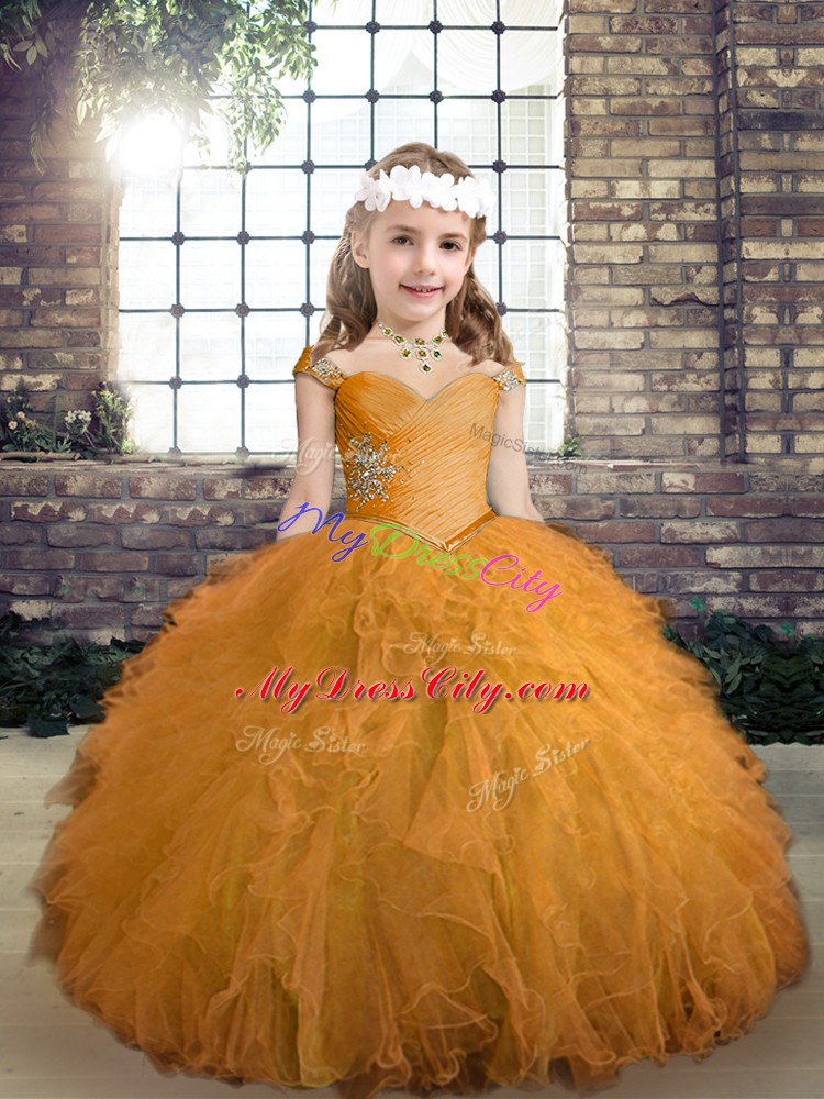Tulle Straps Sleeveless Lace Up Beading and Ruffles Kids Formal Wear in Gold
