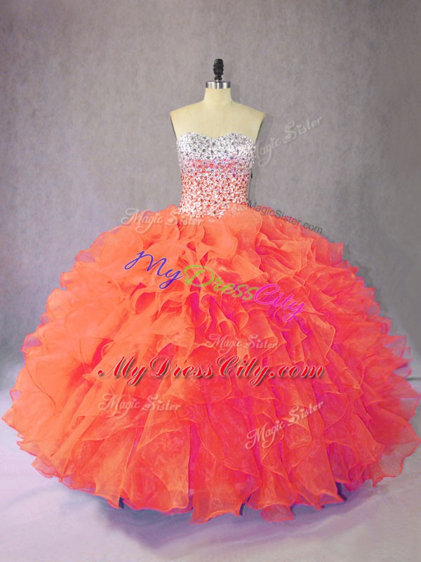 Orange Ball Gown Prom Dress Sweet 16 and Quinceanera with Beading and Ruffles Sweetheart Sleeveless Lace Up