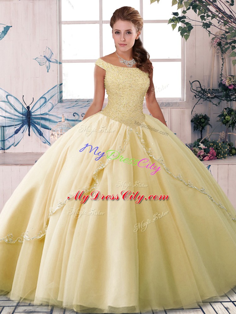 Tulle Off The Shoulder Sleeveless Brush Train Lace Up Beading Quinceanera Dresses in Yellow