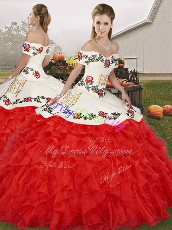 Artistic White And Red 15 Quinceanera Dress Military Ball and Sweet 16 and Quinceanera with Embroidery and Ruffles Off The Shoulder Sleeveless Lace Up