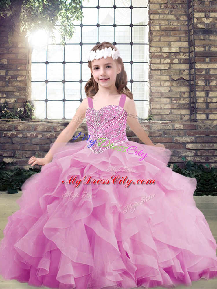 Wonderful Beading and Ruffles Little Girls Pageant Dress Wholesale Lilac Lace Up Sleeveless Floor Length