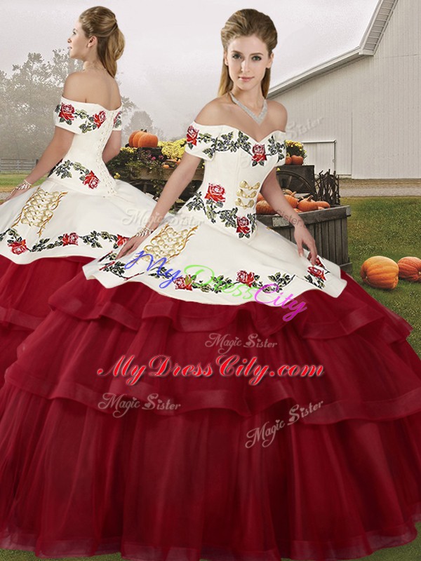 Attractive Wine Red Three Pieces Embroidery and Ruffled Layers Sweet 16 Dresses Lace Up Tulle Sleeveless