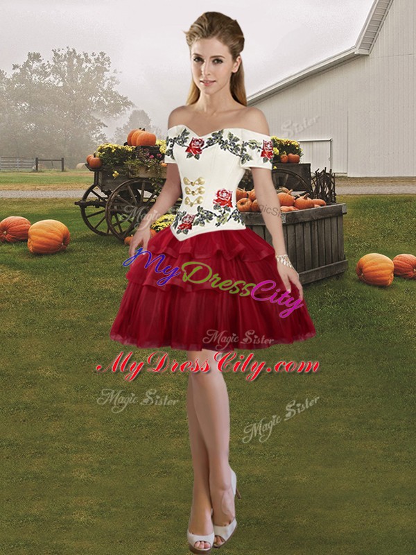 Attractive Wine Red Three Pieces Embroidery and Ruffled Layers Sweet 16 Dresses Lace Up Tulle Sleeveless