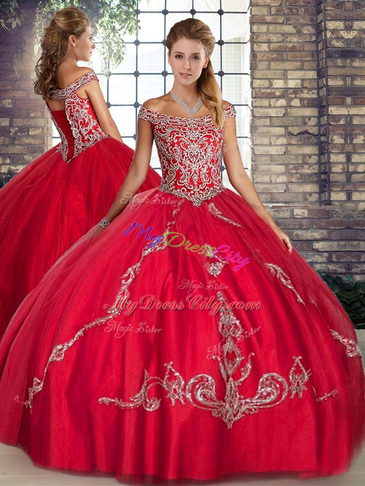 New Style Red Sleeveless Floor Length Beading and Embroidery Lace Up Vestidos de Quinceanera