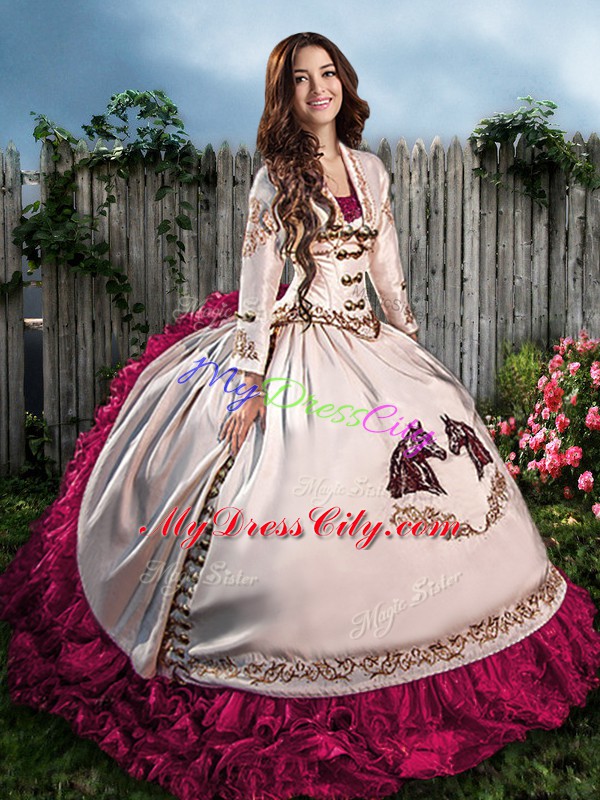 Hot Pink Lace Up Quince Ball Gowns Embroidery and Ruffles Sleeveless Floor Length