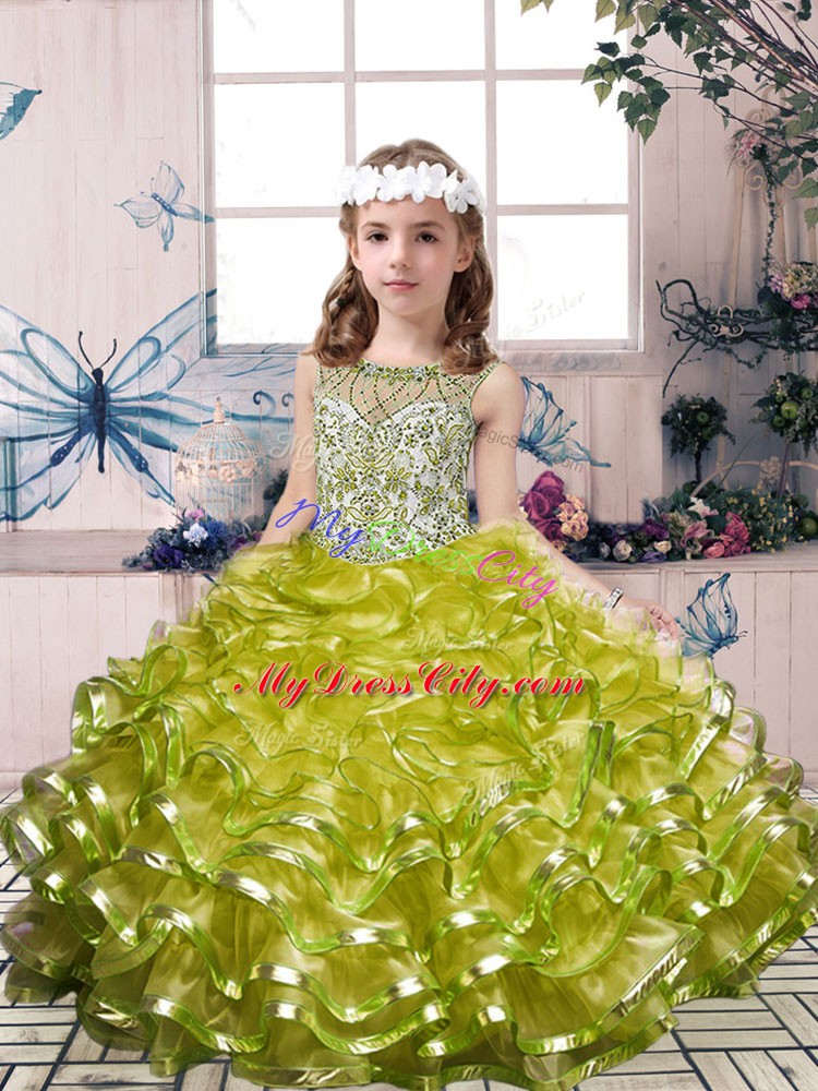 Olive Green Little Girl Pageant Dress Party and Military Ball and Wedding Party with Beading and Ruffles Scoop Sleeveless Lace Up