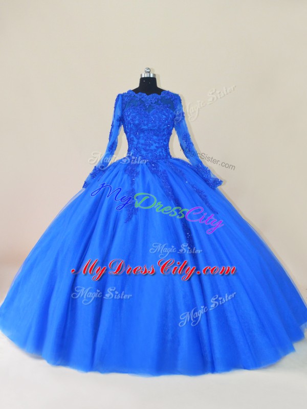 Custom Designed Long Sleeves Floor Length Lace and Appliques Zipper Sweet 16 Dresses with Royal Blue