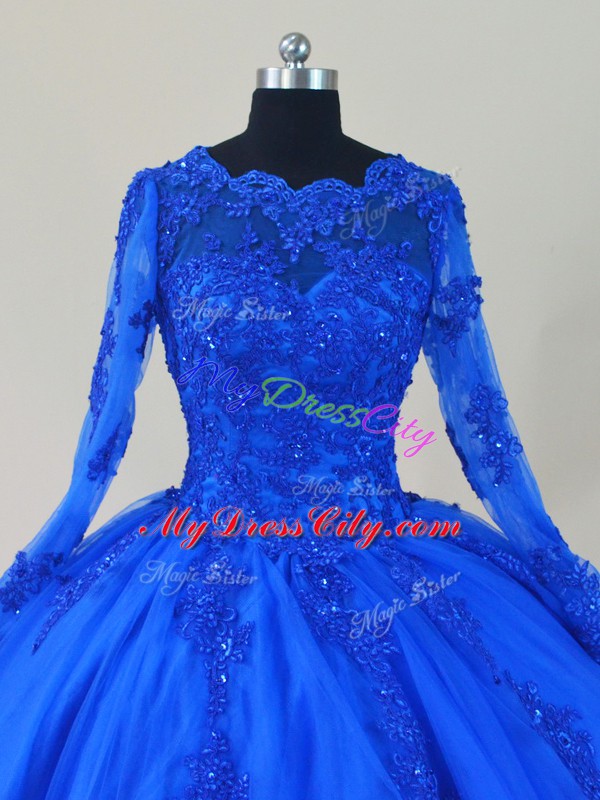 Custom Designed Long Sleeves Floor Length Lace and Appliques Zipper Sweet 16 Dresses with Royal Blue