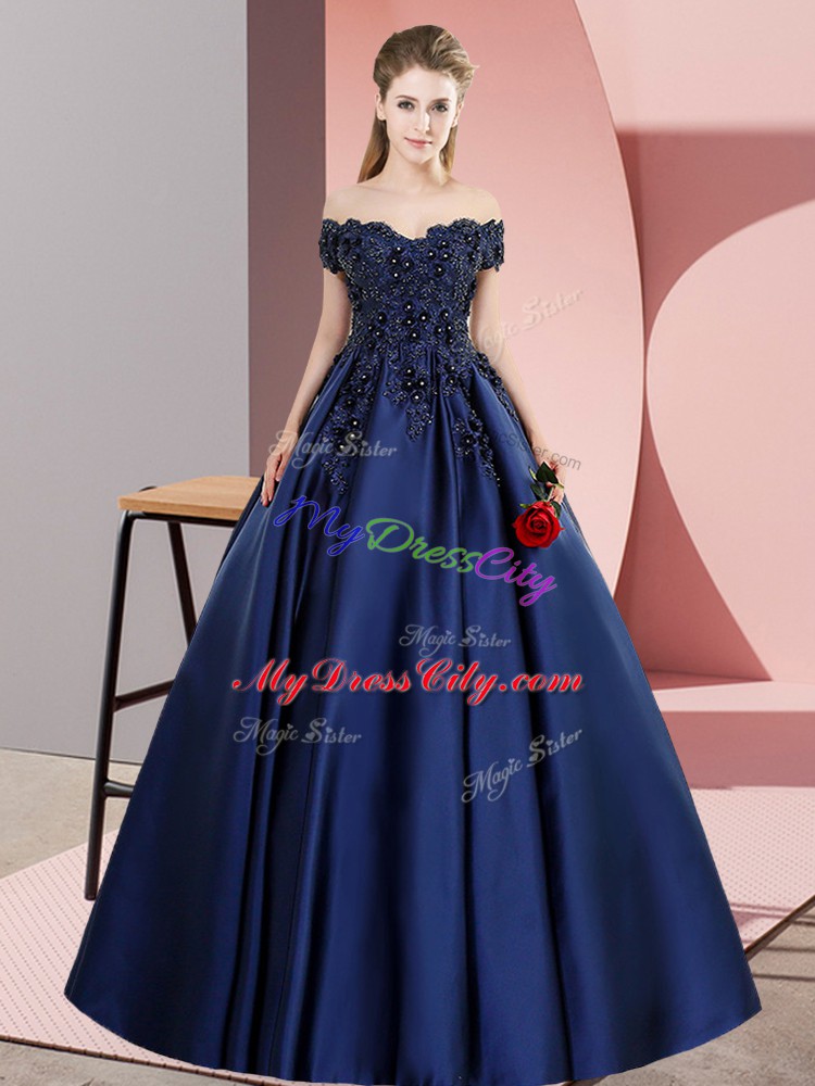 High Class Floor Length Zipper Quinceanera Dress Navy Blue for Sweet 16 and Quinceanera with Lace